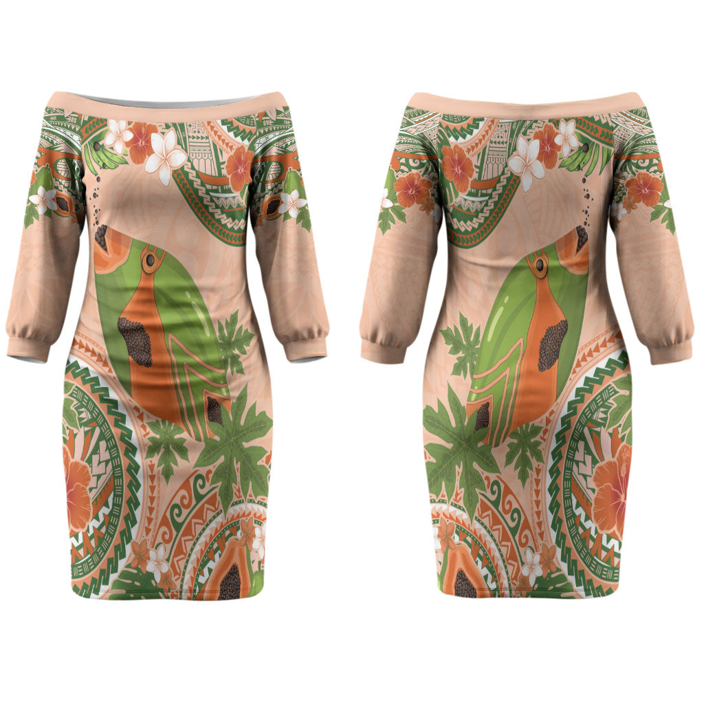 Hawaii Papaya Family Matching Off The Shoulder Long Sleeve Dress and Hawaiian Shirt Cute Cosplay Humuhumu Fish Plumeria Waves