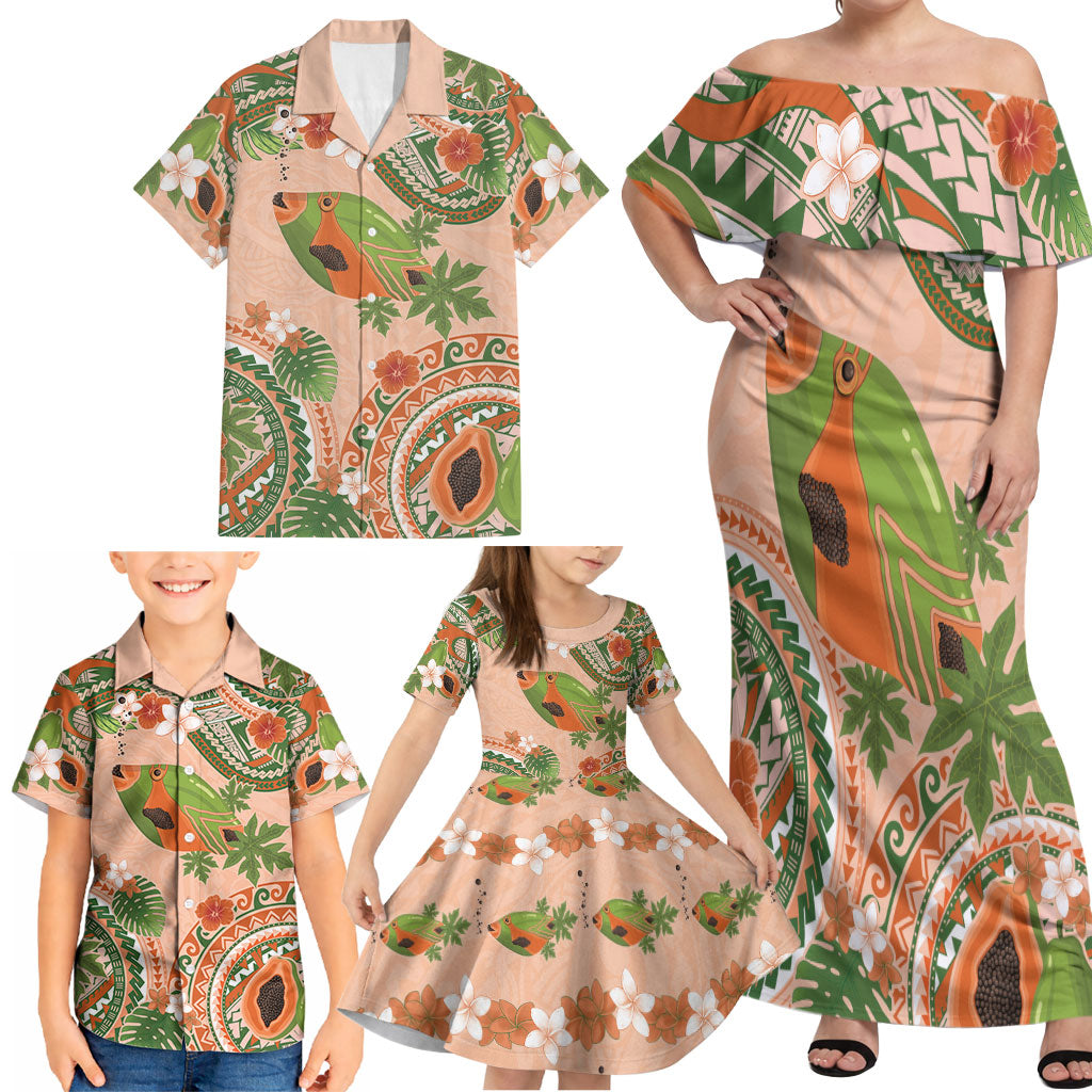 Hawaii Papaya Family Matching Off Shoulder Maxi Dress and Hawaiian Shirt Cute Cosplay Humuhumu Fish Plumeria Waves