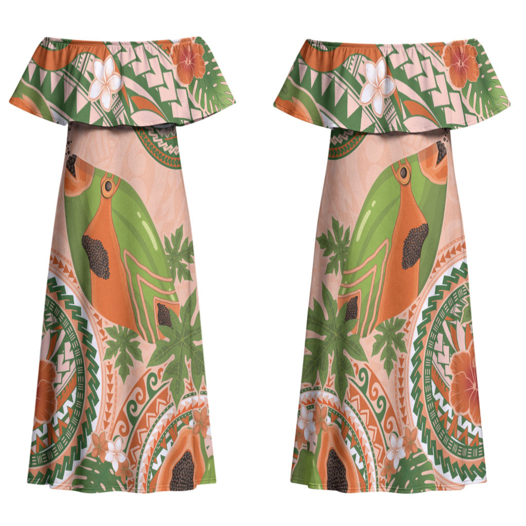 Hawaii Papaya Family Matching Off Shoulder Maxi Dress and Hawaiian Shirt Cute Cosplay Humuhumu Fish Plumeria Waves