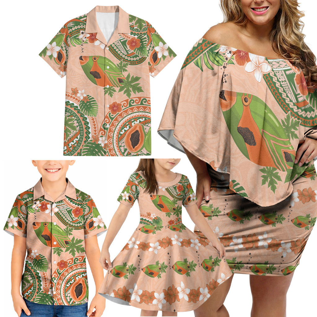 Hawaii Papaya Family Matching Off Shoulder Short Dress and Hawaiian Shirt Cute Cosplay Humuhumu Fish Plumeria Waves