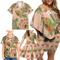 Hawaii Papaya Family Matching Off Shoulder Short Dress and Hawaiian Shirt Cute Cosplay Humuhumu Fish Plumeria Waves