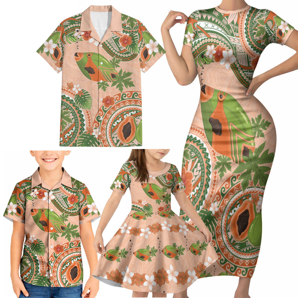 Hawaii Papaya Family Matching Short Sleeve Bodycon Dress and Hawaiian Shirt Cute Cosplay Humuhumu Fish Plumeria Waves