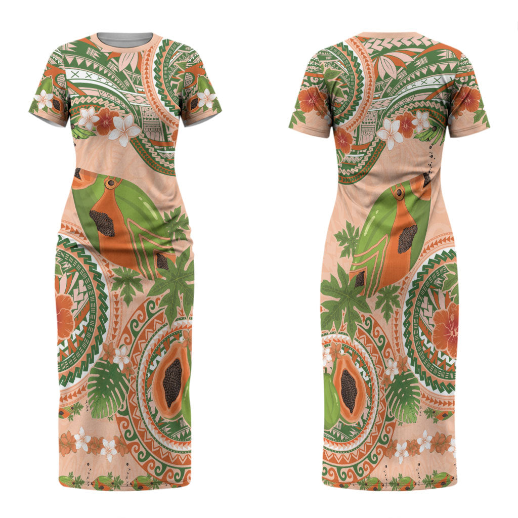 Hawaii Papaya Family Matching Short Sleeve Bodycon Dress and Hawaiian Shirt Cute Cosplay Humuhumu Fish Plumeria Waves