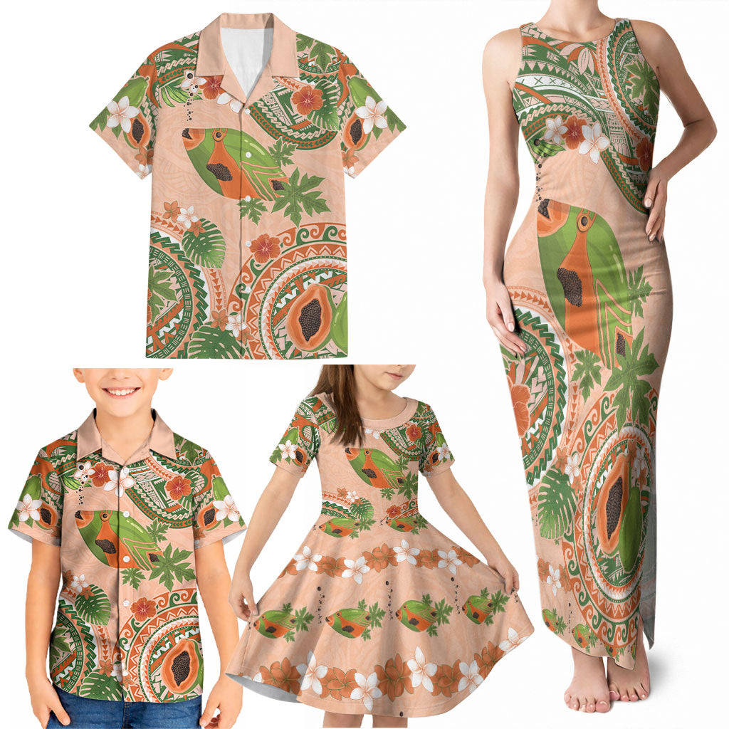 Hawaii Papaya Family Matching Tank Maxi Dress and Hawaiian Shirt Cute Cosplay Humuhumu Fish Plumeria Waves