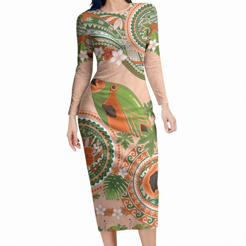Hawaii Papaya Long Sleeve Bodycon Dress Cute Cosplay Humuhumu Fish Plumeria Waves