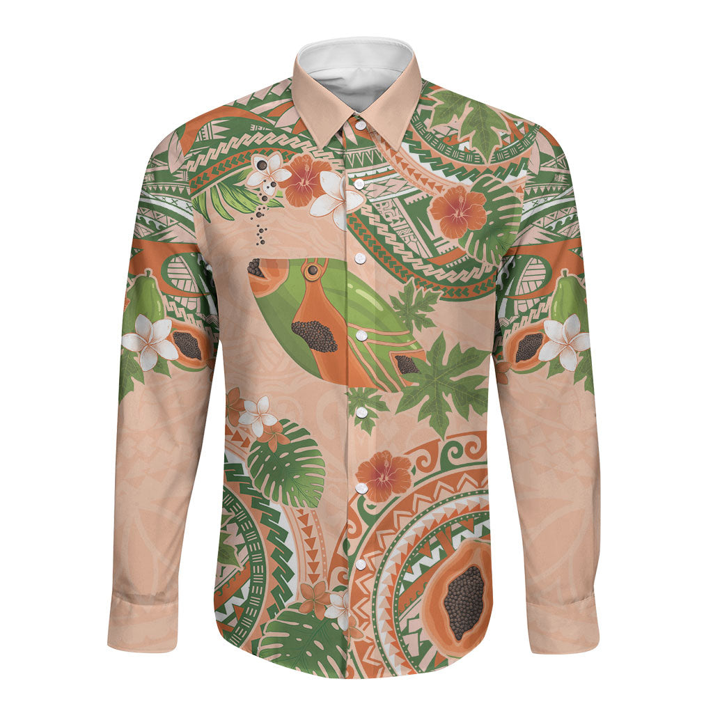 Hawaii Papaya Long Sleeve Button Shirt Cute Cosplay Humuhumu Fish Plumeria Waves
