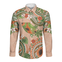 Hawaii Papaya Long Sleeve Button Shirt Cute Cosplay Humuhumu Fish Plumeria Waves