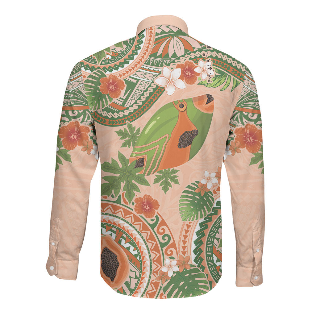 Hawaii Papaya Long Sleeve Button Shirt Cute Cosplay Humuhumu Fish Plumeria Waves