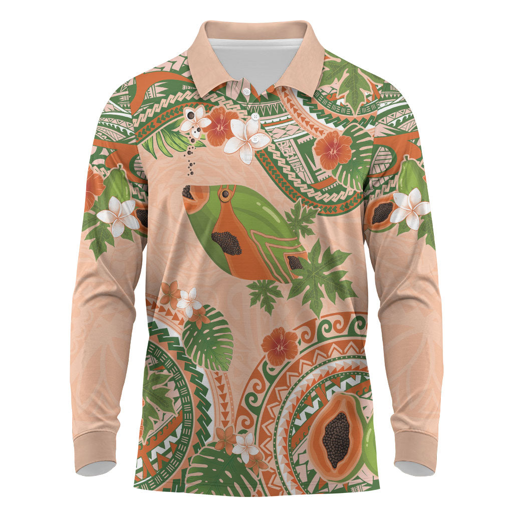 Hawaii Papaya Long Sleeve Polo Shirt Cute Cosplay Humuhumu Fish Plumeria Waves