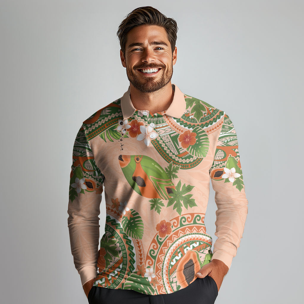 Hawaii Papaya Long Sleeve Polo Shirt Cute Cosplay Humuhumu Fish Plumeria Waves