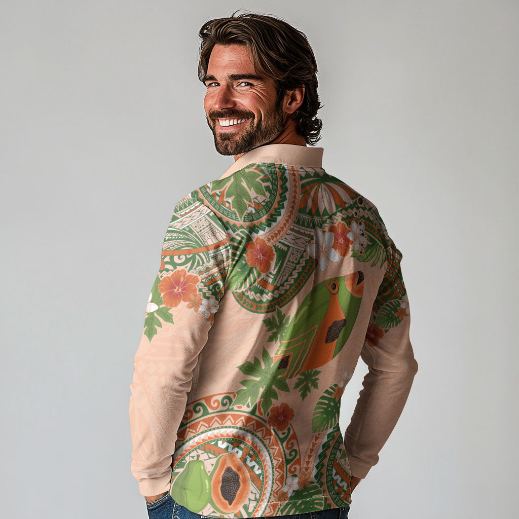 Hawaii Papaya Long Sleeve Polo Shirt Cute Cosplay Humuhumu Fish Plumeria Waves