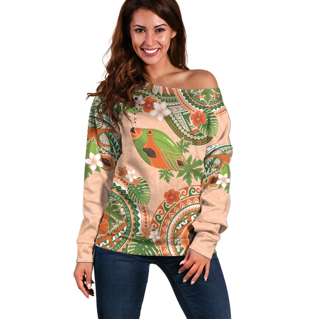 Hawaii Papaya Off Shoulder Sweater Cute Cosplay Humuhumu Fish Plumeria Waves