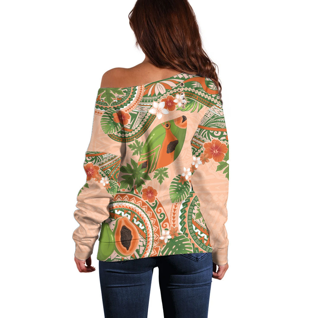 Hawaii Papaya Off Shoulder Sweater Cute Cosplay Humuhumu Fish Plumeria Waves
