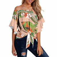 Hawaii Papaya Off Shoulder Wrap Waist Top Cute Cosplay Humuhumu Fish Plumeria Waves