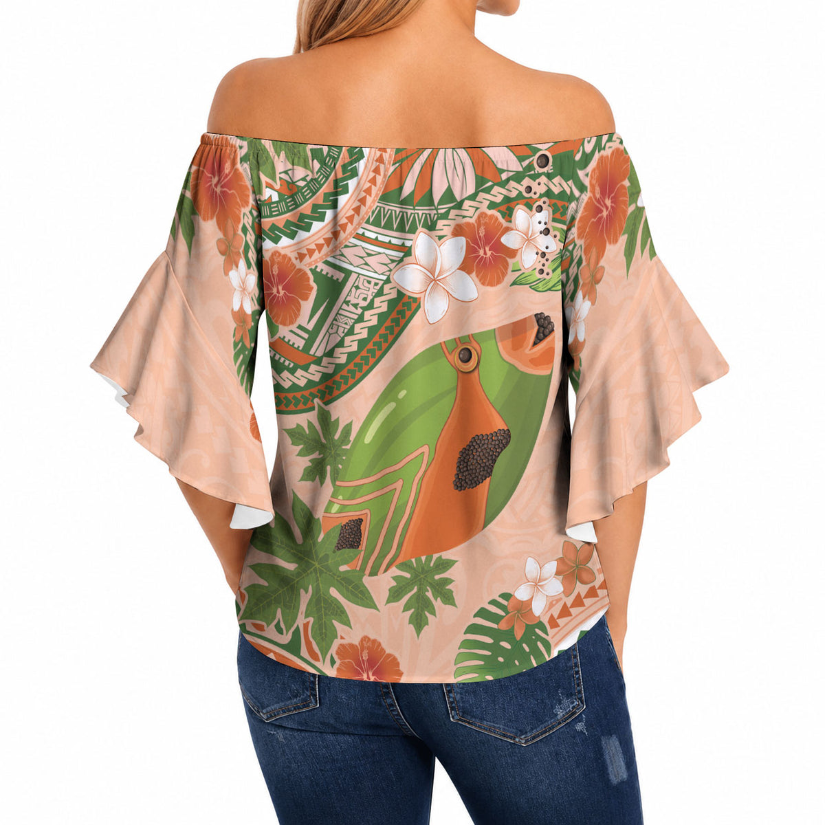 Hawaii Papaya Off Shoulder Wrap Waist Top Cute Cosplay Humuhumu Fish Plumeria Waves