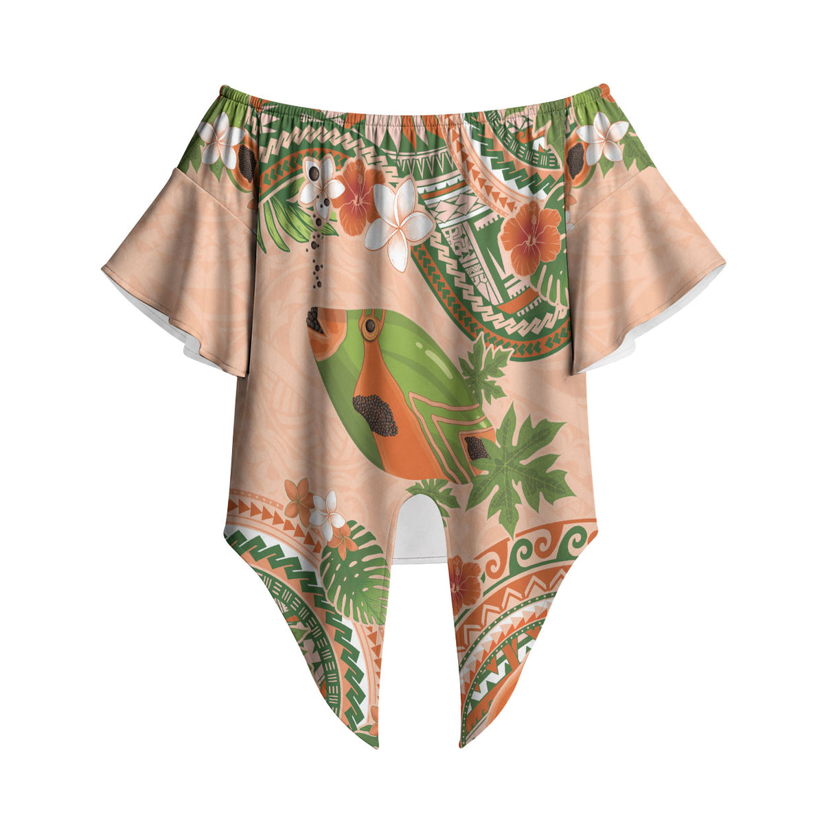 Hawaii Papaya Off Shoulder Wrap Waist Top Cute Cosplay Humuhumu Fish Plumeria Waves