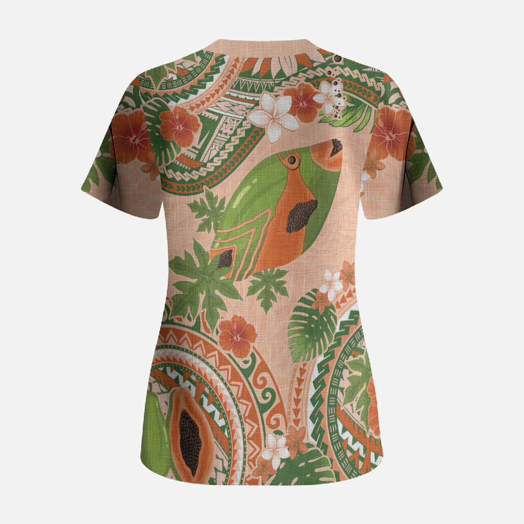 Hawaii Papaya Scrub Top Cute Cosplay Humuhumu Fish Plumeria Waves
