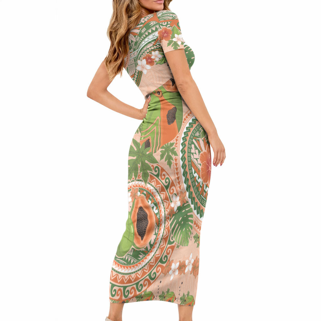 Hawaii Papaya Short Sleeve Bodycon Dress Cute Cosplay Humuhumu Fish Plumeria Waves