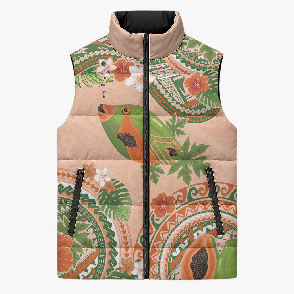 Hawaii Papaya Sleeveless Puffer Jacket Cute Cosplay Humuhumu Fish Plumeria Waves