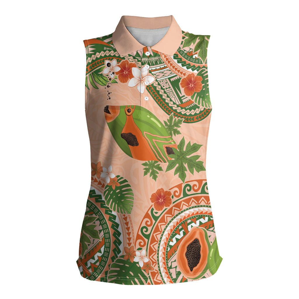 Hawaii Papaya Women Sleeveless Polo Shirt Cute Cosplay Humuhumu Fish Plumeria Waves DT05 Female Orange - Polynesian Pride