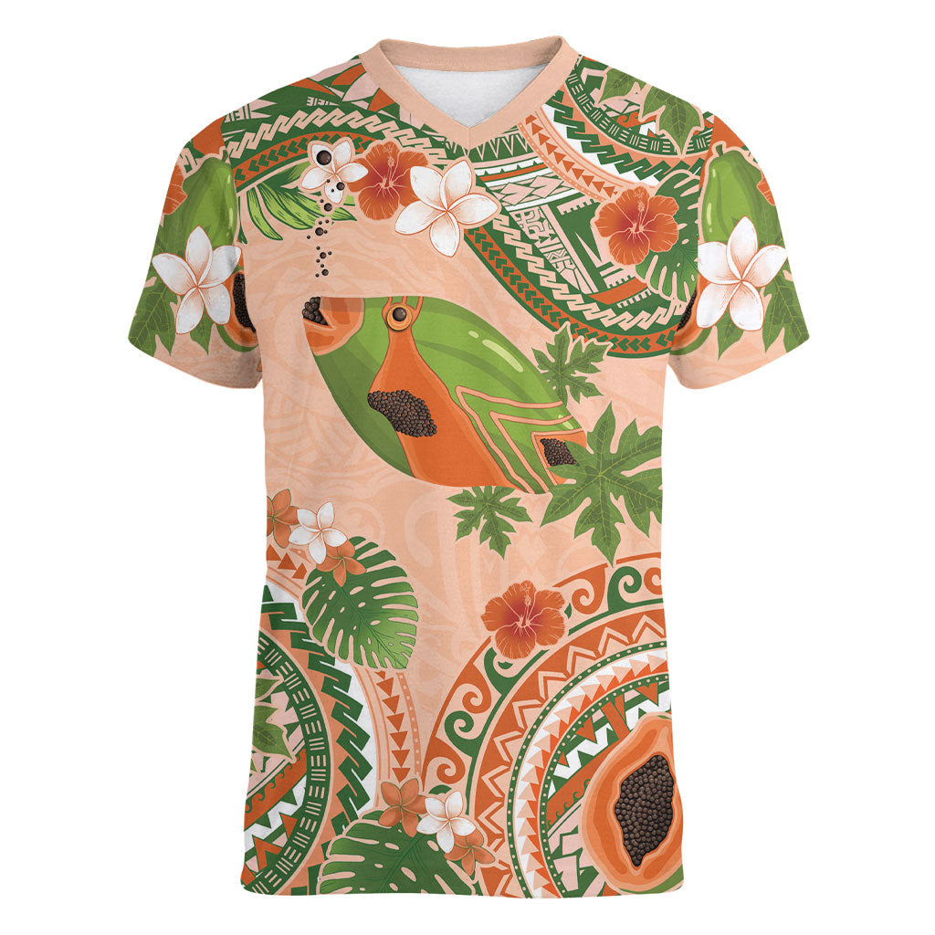 Hawaii Papaya Women V-Neck T-Shirt Cute Cosplay Humuhumu Fish Plumeria Waves