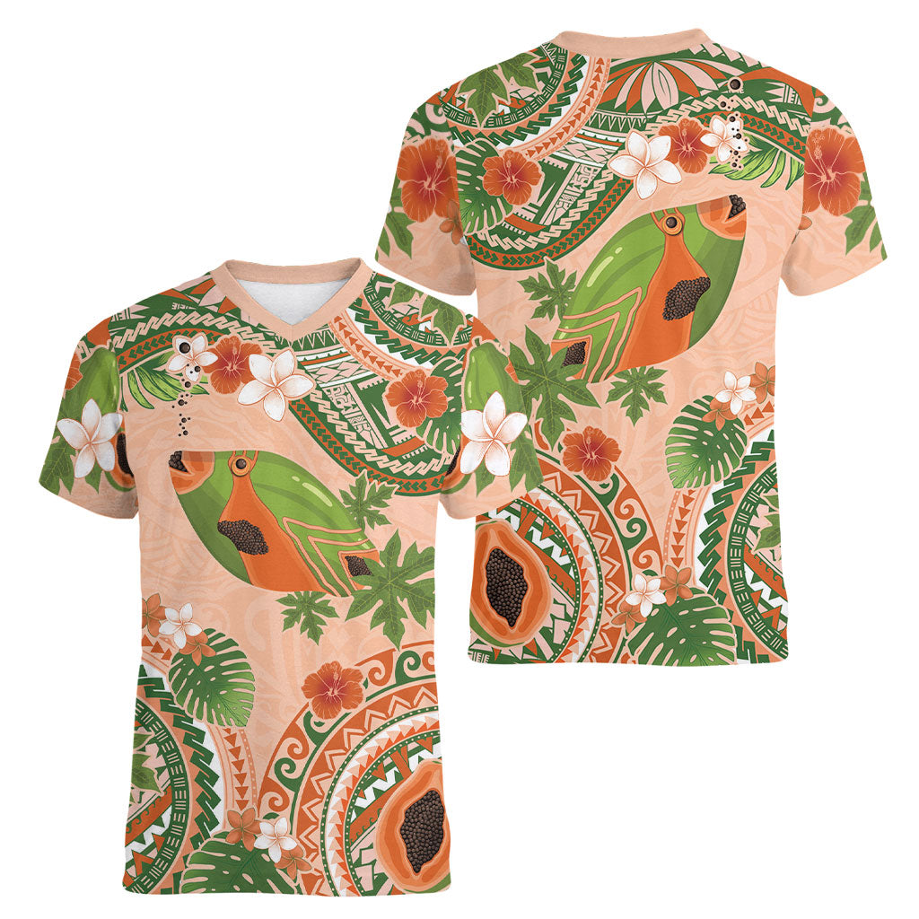Hawaii Papaya Women V-Neck T-Shirt Cute Cosplay Humuhumu Fish Plumeria Waves