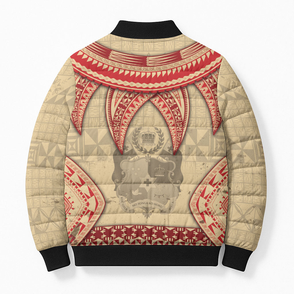 Tonga Language Week Bomber Puffer Jacket Tribal Cross Ngatu Floral Pattern
