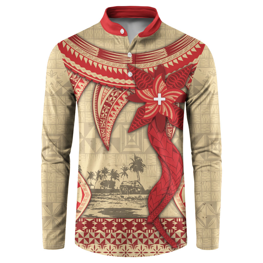 Tonga Language Week Button Sweatshirt Tribal Cross Ngatu Floral Pattern DT05 Red - Polynesian Pride