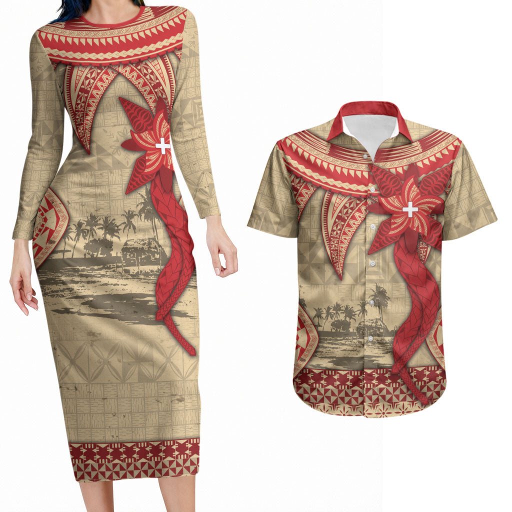 Tonga Language Week Couples Matching Long Sleeve Bodycon Dress and Hawaiian Shirt Tribal Cross Ngatu Floral Pattern