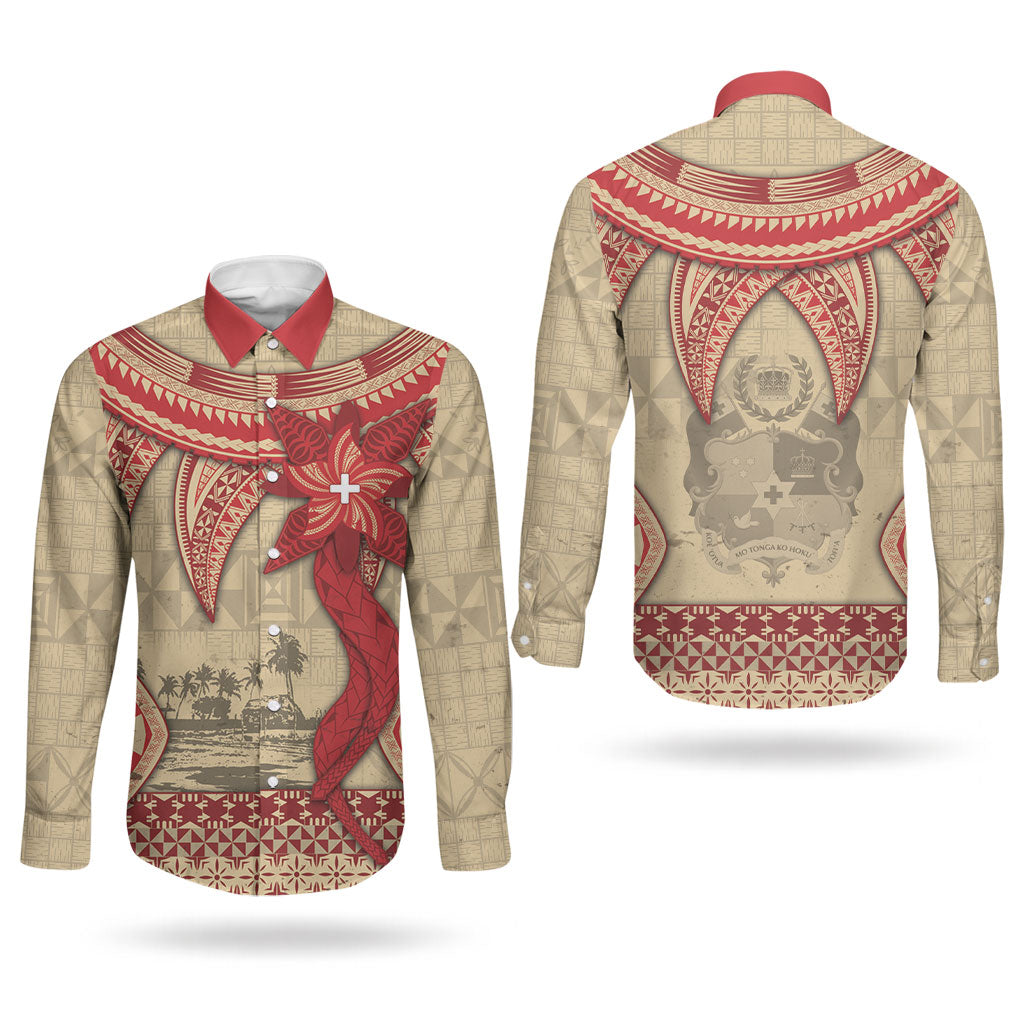 Tonga Language Week Couples Matching Long Sleeve Bodycon Dress and Long Sleeve Button Shirt Tribal Cross Ngatu Floral Pattern