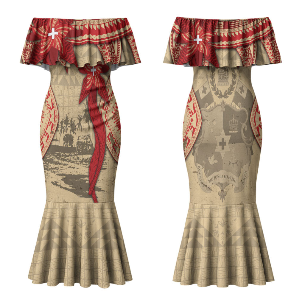 Tonga Language Week Couples Matching Mermaid Dress and Hawaiian Shirt Tribal Cross Ngatu Floral Pattern