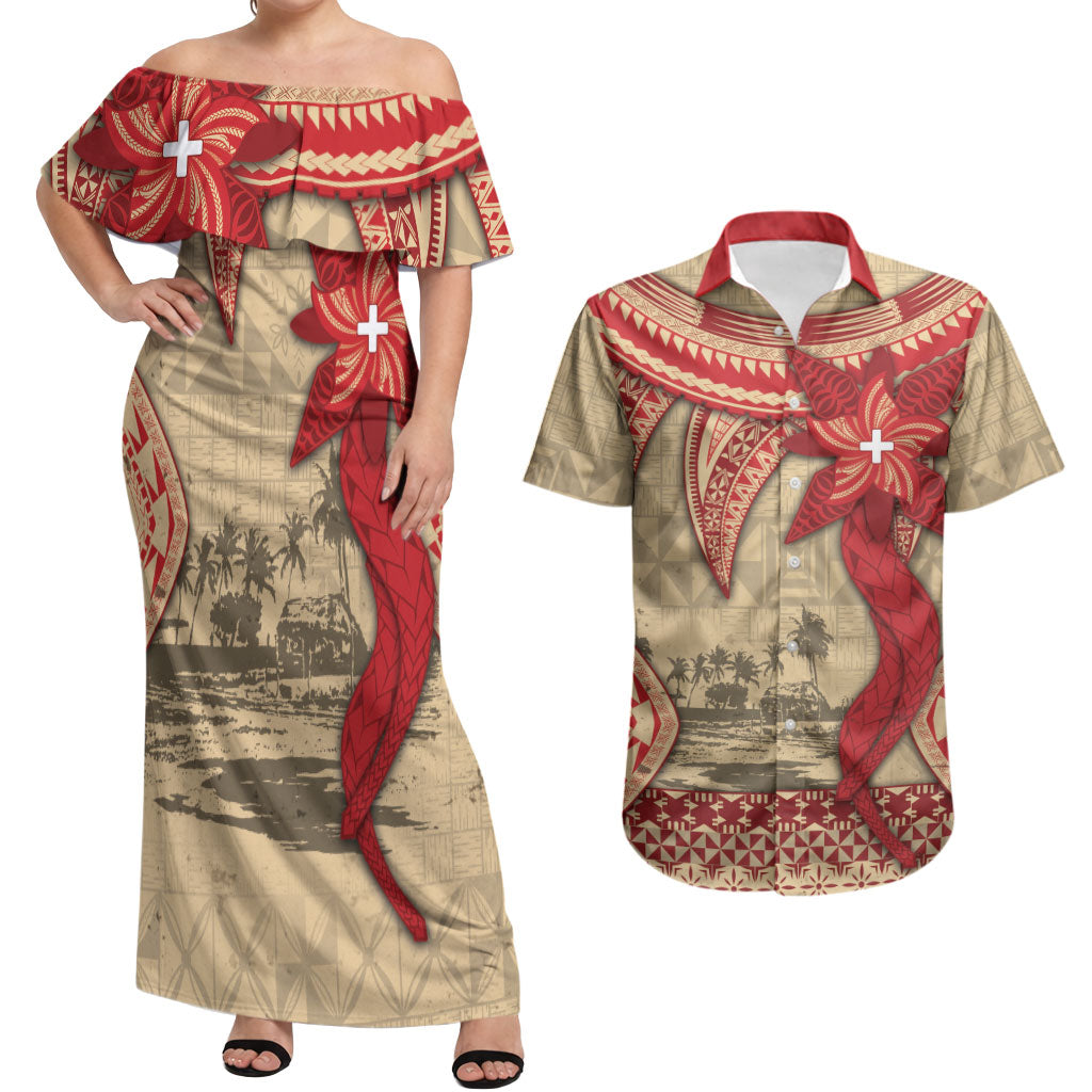 Tonga Language Week Couples Matching Off Shoulder Maxi Dress and Hawaiian Shirt Tribal Cross Ngatu Floral Pattern