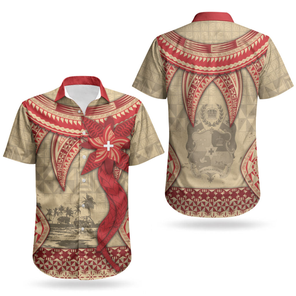 Tonga Language Week Couples Matching Off The Shoulder Long Sleeve Dress and Hawaiian Shirt Tribal Cross Ngatu Floral Pattern
