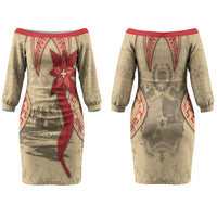 Tonga Language Week Couples Matching Off The Shoulder Long Sleeve Dress and Hawaiian Shirt Tribal Cross Ngatu Floral Pattern