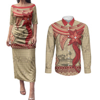 Tonga Language Week Couples Matching Puletasi and Long Sleeve Button Shirt Tribal Cross Ngatu Floral Pattern