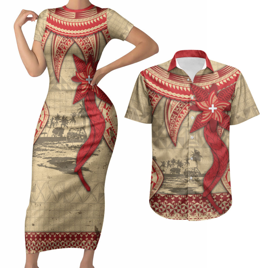 Tonga Language Week Couples Matching Short Sleeve Bodycon Dress and Hawaiian Shirt Tribal Cross Ngatu Floral Pattern