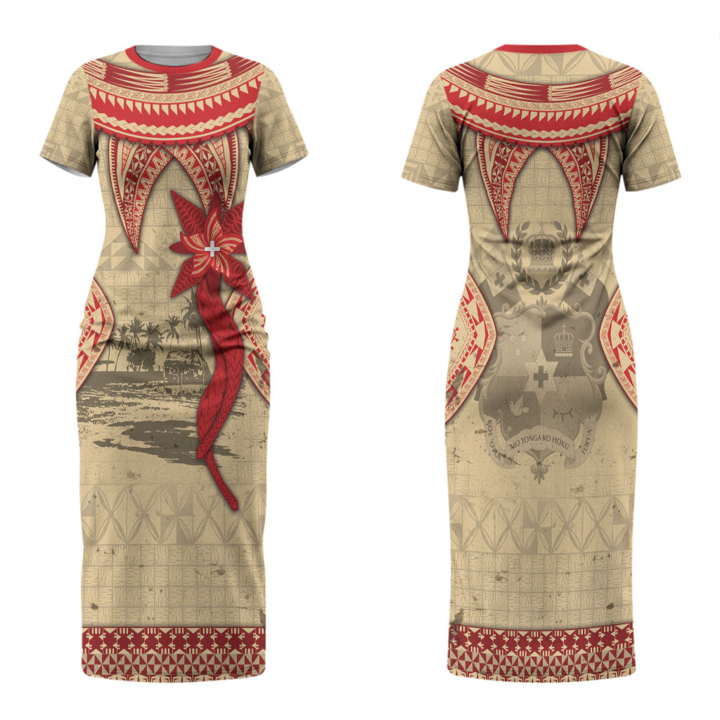 Tonga Language Week Couples Matching Short Sleeve Bodycon Dress and Hawaiian Shirt Tribal Cross Ngatu Floral Pattern