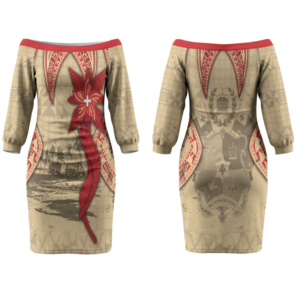 Tonga Language Week Family Matching Off The Shoulder Long Sleeve Dress and Hawaiian Shirt Tribal Cross Ngatu Floral Pattern