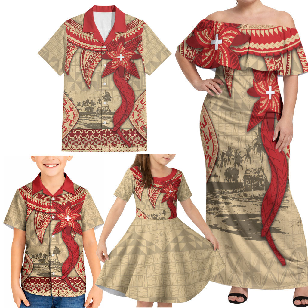 Tonga Language Week Family Matching Off Shoulder Maxi Dress and Hawaiian Shirt Tribal Cross Ngatu Floral Pattern