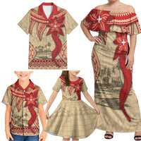 Tonga Language Week Family Matching Off Shoulder Maxi Dress and Hawaiian Shirt Tribal Cross Ngatu Floral Pattern