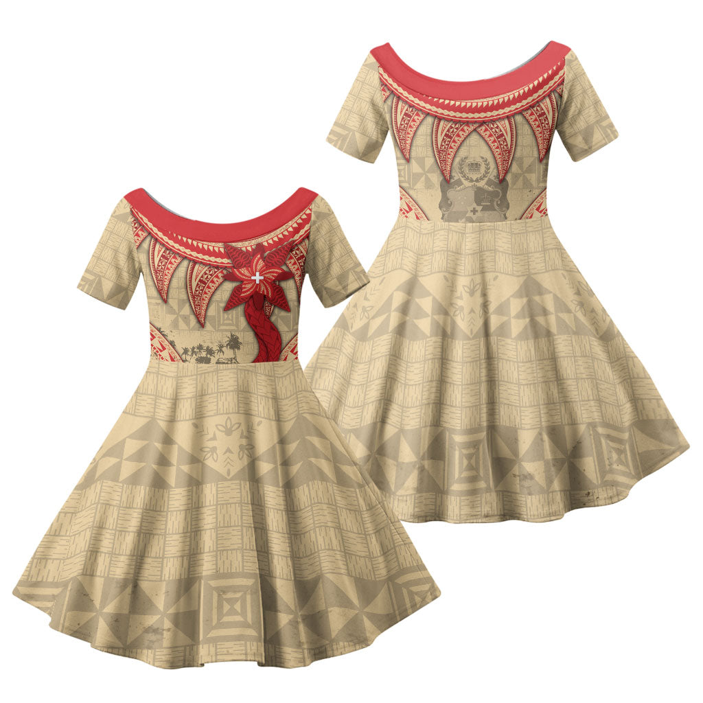 Tonga Language Week Family Matching Puletasi and Hawaiian Shirt Tribal Cross Ngatu Floral Pattern