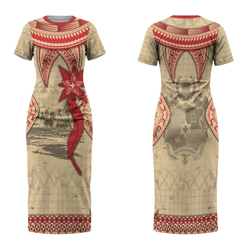 Tonga Language Week Family Matching Short Sleeve Bodycon Dress and Hawaiian Shirt Tribal Cross Ngatu Floral Pattern