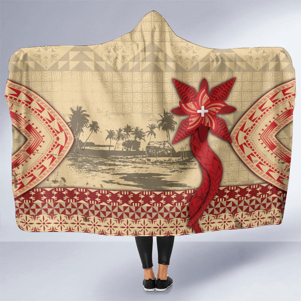 Tonga Language Week Hooded Blanket Tribal Cross Ngatu Floral Pattern