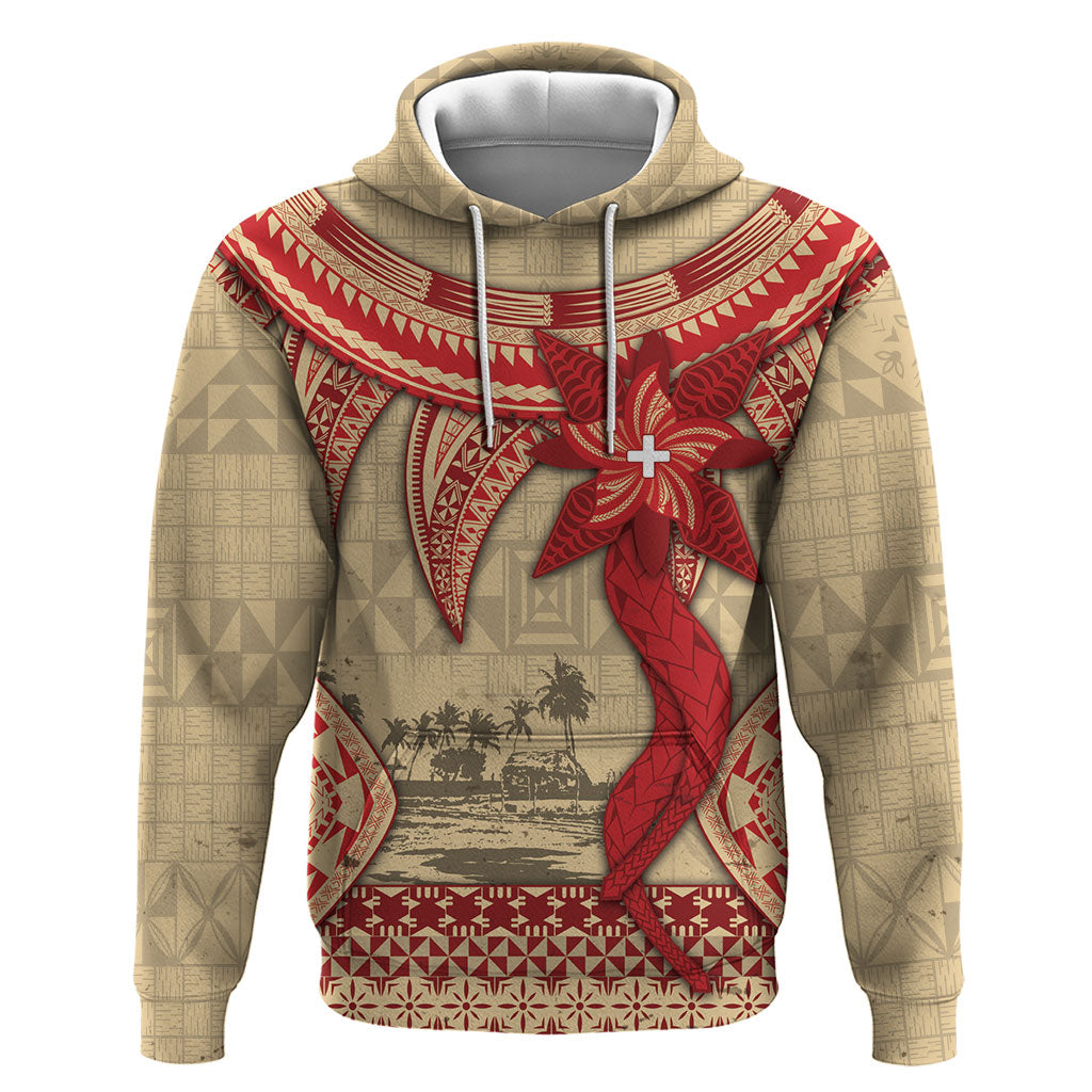 Tonga Language Week Hoodie Tribal Cross Ngatu Floral Pattern