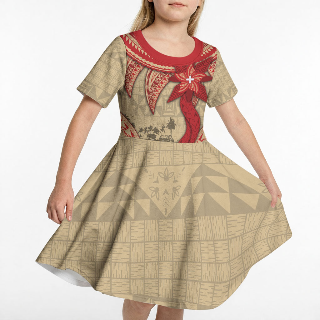 Tonga Language Week Kid Short Sleeve Dress Tribal Cross Ngatu Floral Pattern