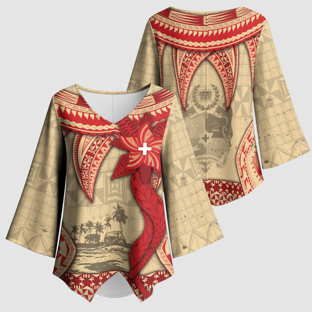 Tonga Language Week Kimono Sleeve Blouse Tribal Cross Ngatu Floral Pattern