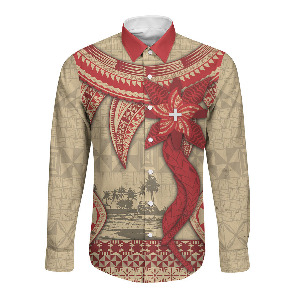 Tonga Language Week Long Sleeve Button Shirt Tribal Cross Ngatu Floral Pattern DT05 Unisex Red - Polynesian Pride