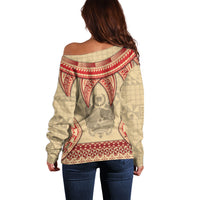 Tonga Language Week Off Shoulder Sweater Tribal Cross Ngatu Floral Pattern