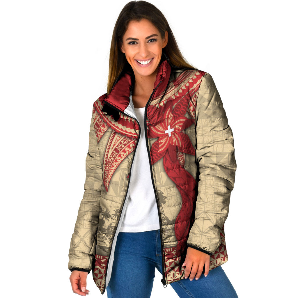 Tonga Language Week Padded Jacket Tribal Cross Ngatu Floral Pattern