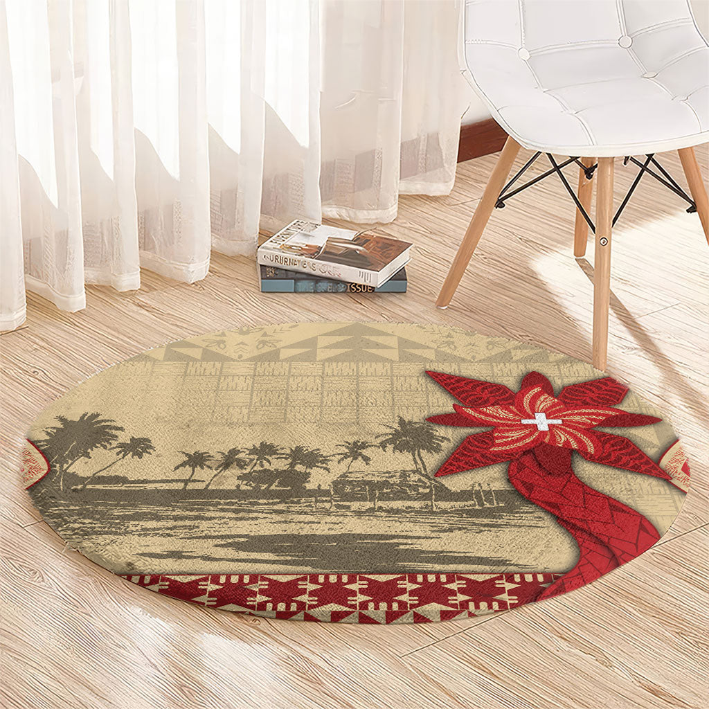 Tonga Language Week Round Carpet Tribal Cross Ngatu Floral Pattern